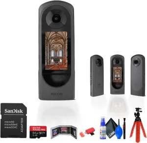 Ricoh Theta X 360 Degree Camera (910844) Bundle Including: 64 GB Memory Card, Memory Card Reader, Card Wallet, Full Cleaning Kit, Flexible Hand Grip