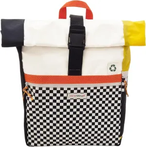 Roll-Top Waterproof Backpack, Checkered Pattern, White and Black with Yellow Trim