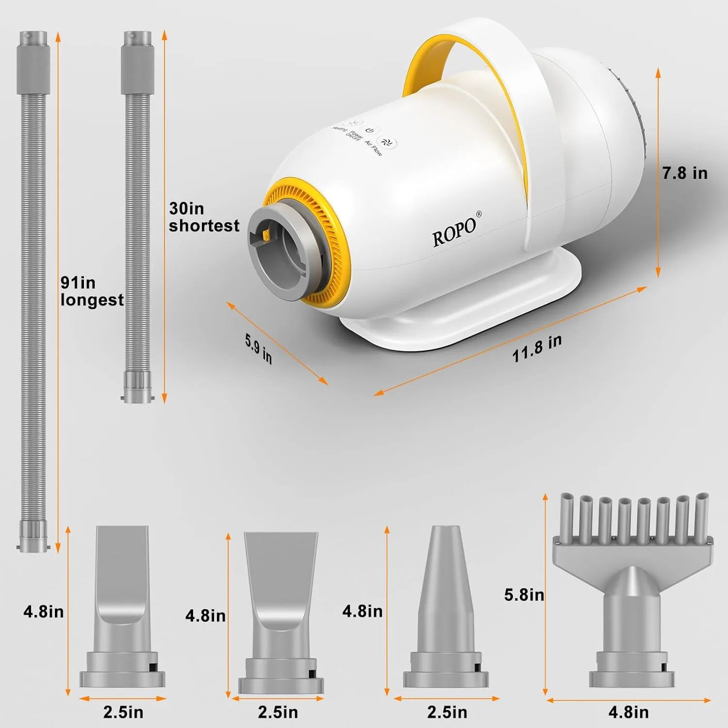 ROPO Dog Dryer Dog Hair Dryer high Velocity Blow Dryer for Dogs,high Power Intelligent Digital Screen Display Adjustable Speed and Temperature (White, SE01)