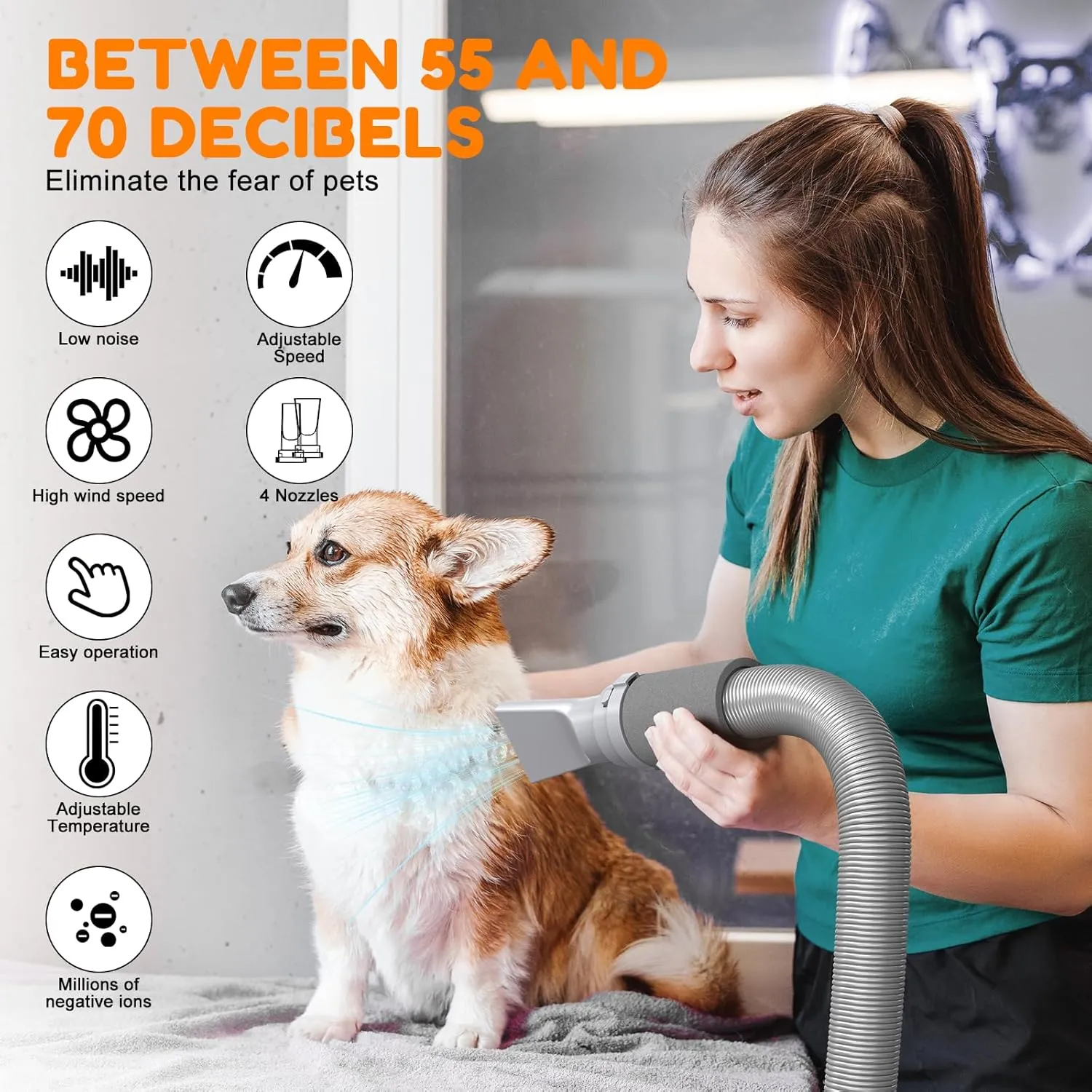 ROPO Dog Dryer Dog Hair Dryer high Velocity Blow Dryer for Dogs,high Power Intelligent Digital Screen Display Adjustable Speed and Temperature (White, SE01)