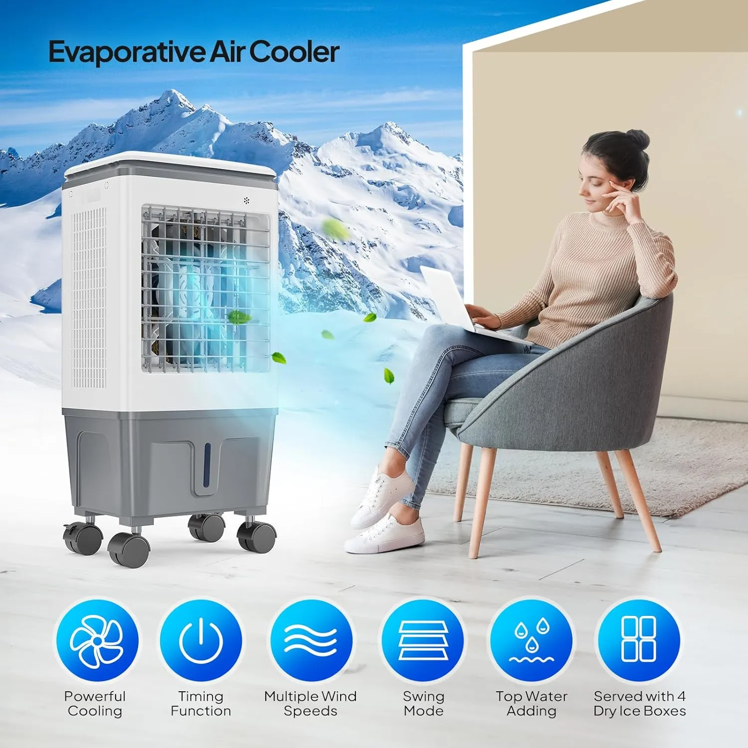 ROVSUN 1400CFM Portable Air Cooler, 5.2Gal/20L Evaporative Swamp Cooler, 3-IN-1 Cooling Fan with Remote Control, 12H Timer & 4 Ice Box, 3 Speeds, Humidifying Oscillating Fan for Indoor or Outdoor