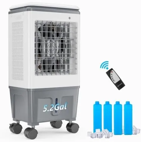 ROVSUN 1400CFM Portable Air Cooler, 5.2Gal/20L Evaporative Swamp Cooler, 3-IN-1 Cooling Fan with Remote Control, 12H Timer & 4 Ice Box, 3 Speeds, Humidifying Oscillating Fan for Indoor or Outdoor