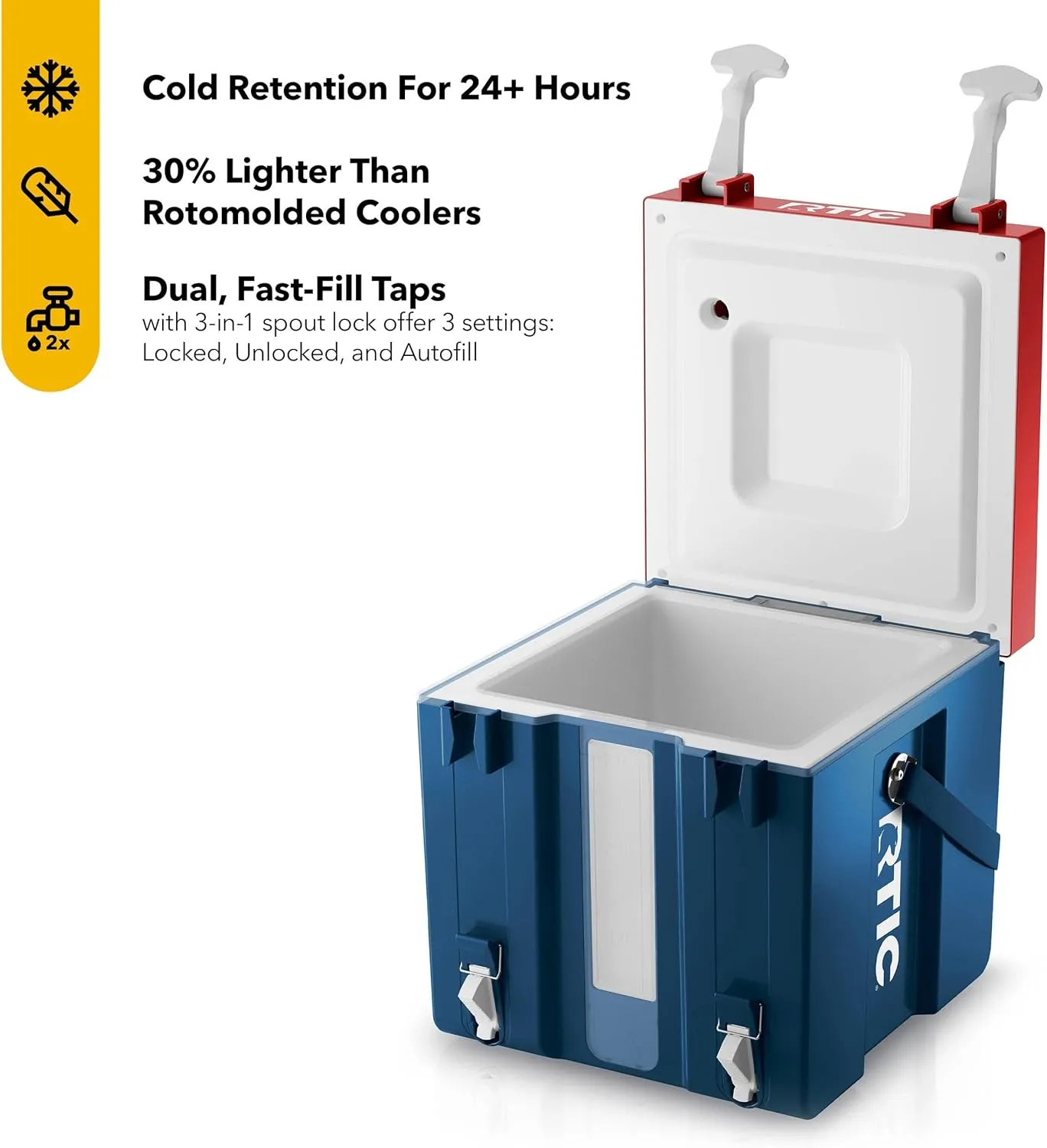 RTIC Halftime Water Cooler Portable Carrier Container, Drink Beverage Dispenser, Stackable with 2 Taps, Bottleless, BPA-Free, for Sports, Camping, BBQ, Parties, Picnic, & More, Patriot