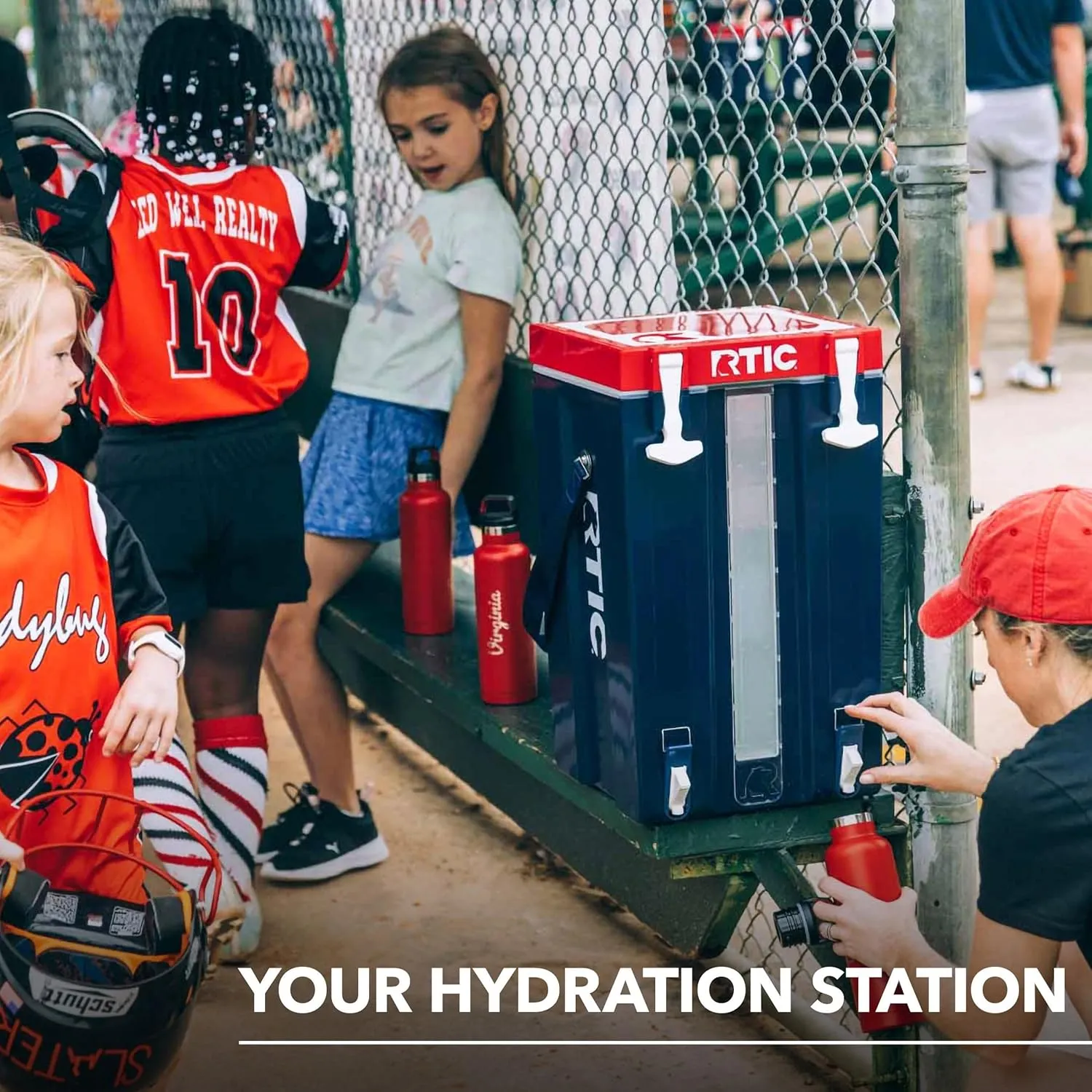 RTIC Halftime Water Cooler Portable Carrier Container, Drink Beverage Dispenser, Stackable with 2 Taps, Bottleless, BPA-Free, for Sports, Camping, BBQ, Parties, Picnic, & More, Patriot