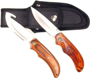 RUKO Pakkawood Handle Gut Hook Skinning Knife Set with Folding Knife and Nylon Sheath