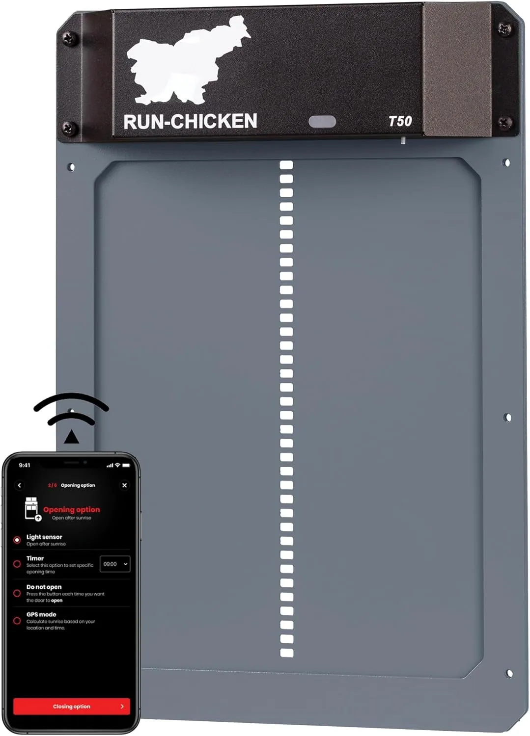 RUN-CHICKEN Door Automatic Chicken Coop Door Opener with Timer, Programmable Light Sensor, Battery Powered, Evening and Morning Delay, Aluminum , Model T50, (Gray)
