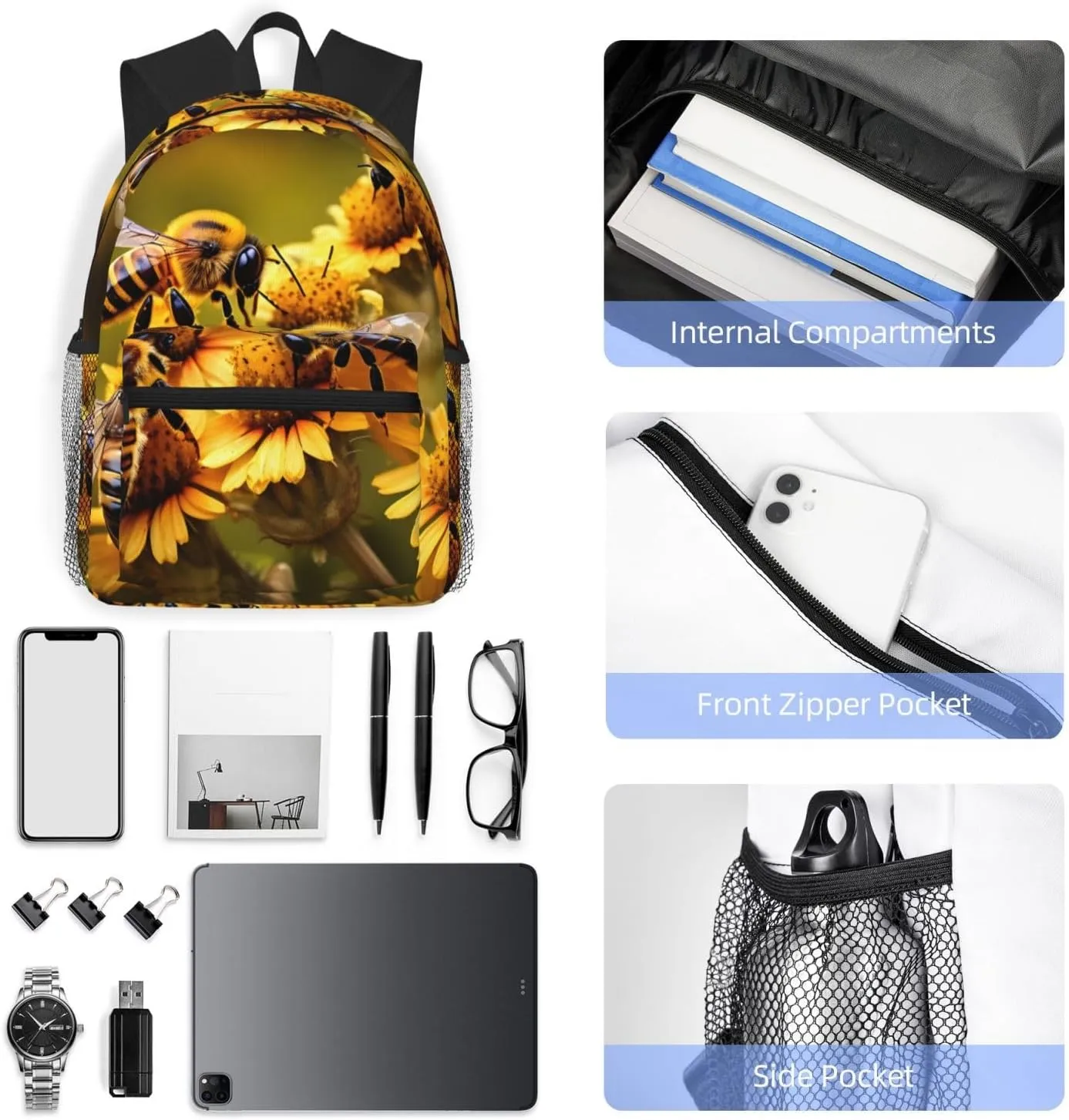 Rural Honey Bees Flowers Print Backpack For Women Men, Laptop Bookbag,Lightweight Casual Travel Daypack