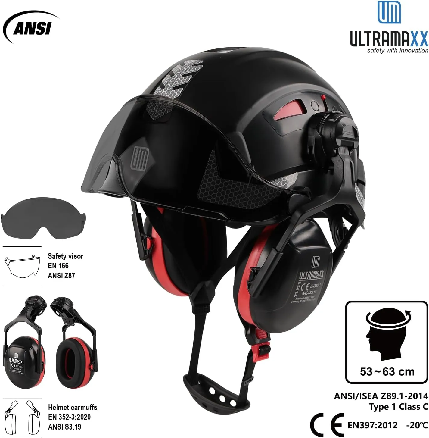 Safety Helmet Hard Hat and Ear Protection, ANSI Z89.1 Approved Lightweight Vented Work Helmet Kits, 6-Point Suspension Hardhat Ideal for Industrial and Construction