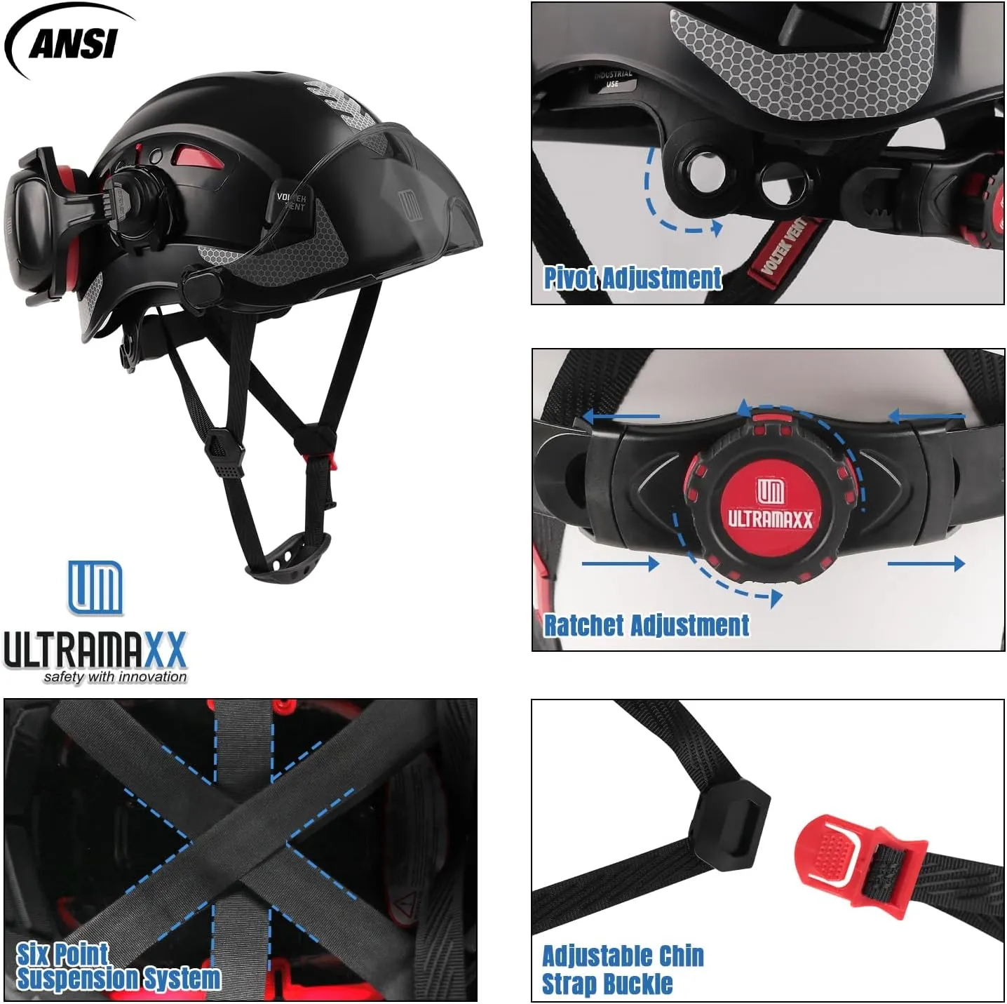 Safety Helmet Hard Hat and Ear Protection, ANSI Z89.1 Approved Lightweight Vented Work Helmet Kits, 6-Point Suspension Hardhat Ideal for Industrial and Construction