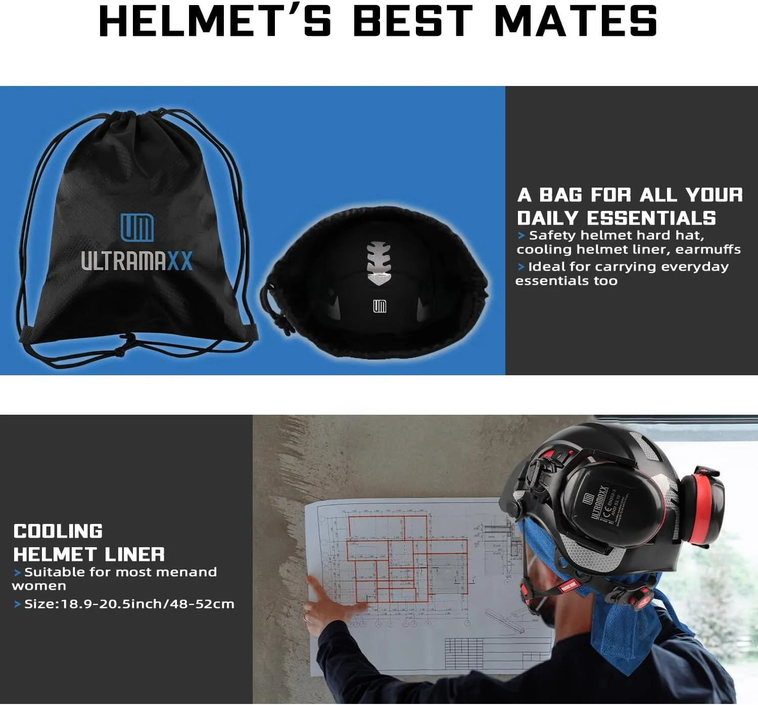 Safety Helmet Hard Hat and Ear Protection, ANSI Z89.1 Approved Lightweight Vented Work Helmet Kits, 6-Point Suspension Hardhat Ideal for Industrial and Construction