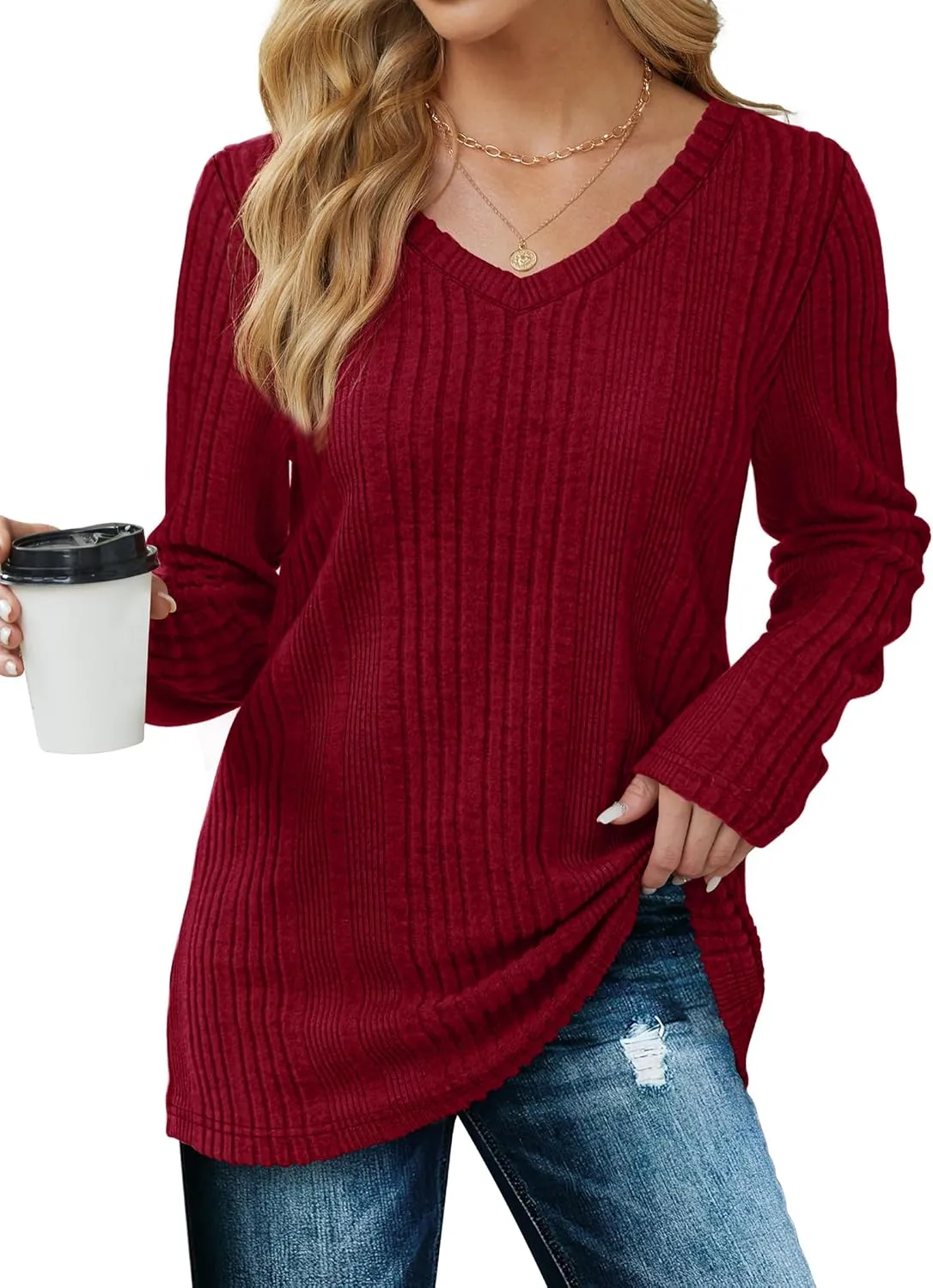 Saloogoe Womens Long Sleeve Tops V Neck Shirts Lightweight Tunic Sweaters Fashion 2024