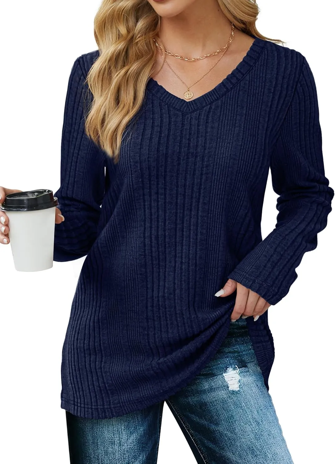 Saloogoe Womens Long Sleeve Tops V Neck Shirts Lightweight Tunic Sweaters Fashion 2024
