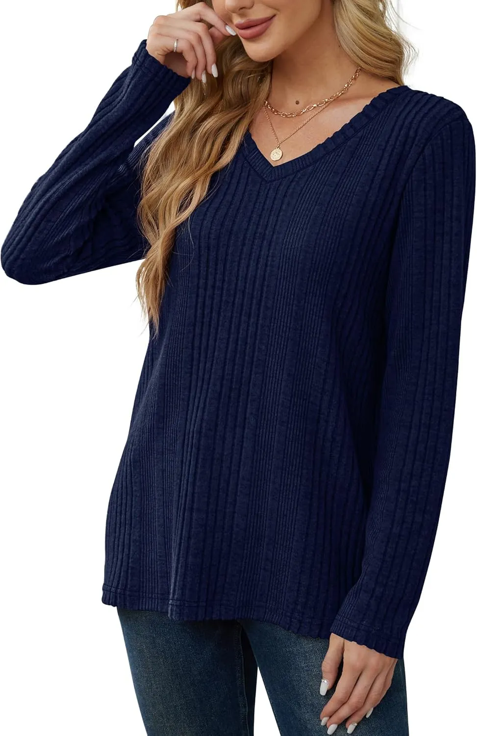 Saloogoe Womens Long Sleeve Tops V Neck Shirts Lightweight Tunic Sweaters Fashion 2024