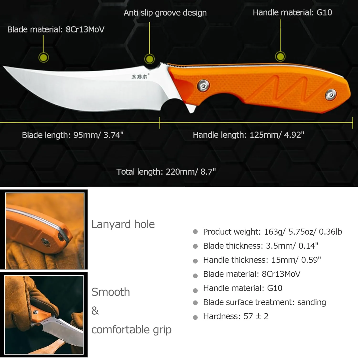 Sanrenmu Fixed Blade Knife with Sheath G10 Handle Full Tang 8Cr13Mov 3.74" Blade for EDC Outdoor Survival Camping SRM-S755 (Orange)