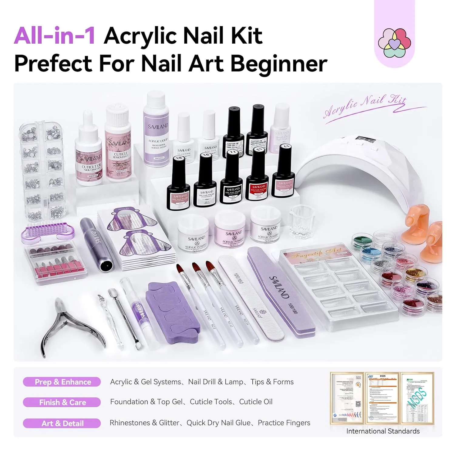 SAVILAND Essentials Acrylic Nail Kit: All-In-1 Nails Kit Acrylic Set with 88W Nail Lamp EMA Monomer Gel Nail Polish Nail Drill Cuticle Remover Home DIY Starter