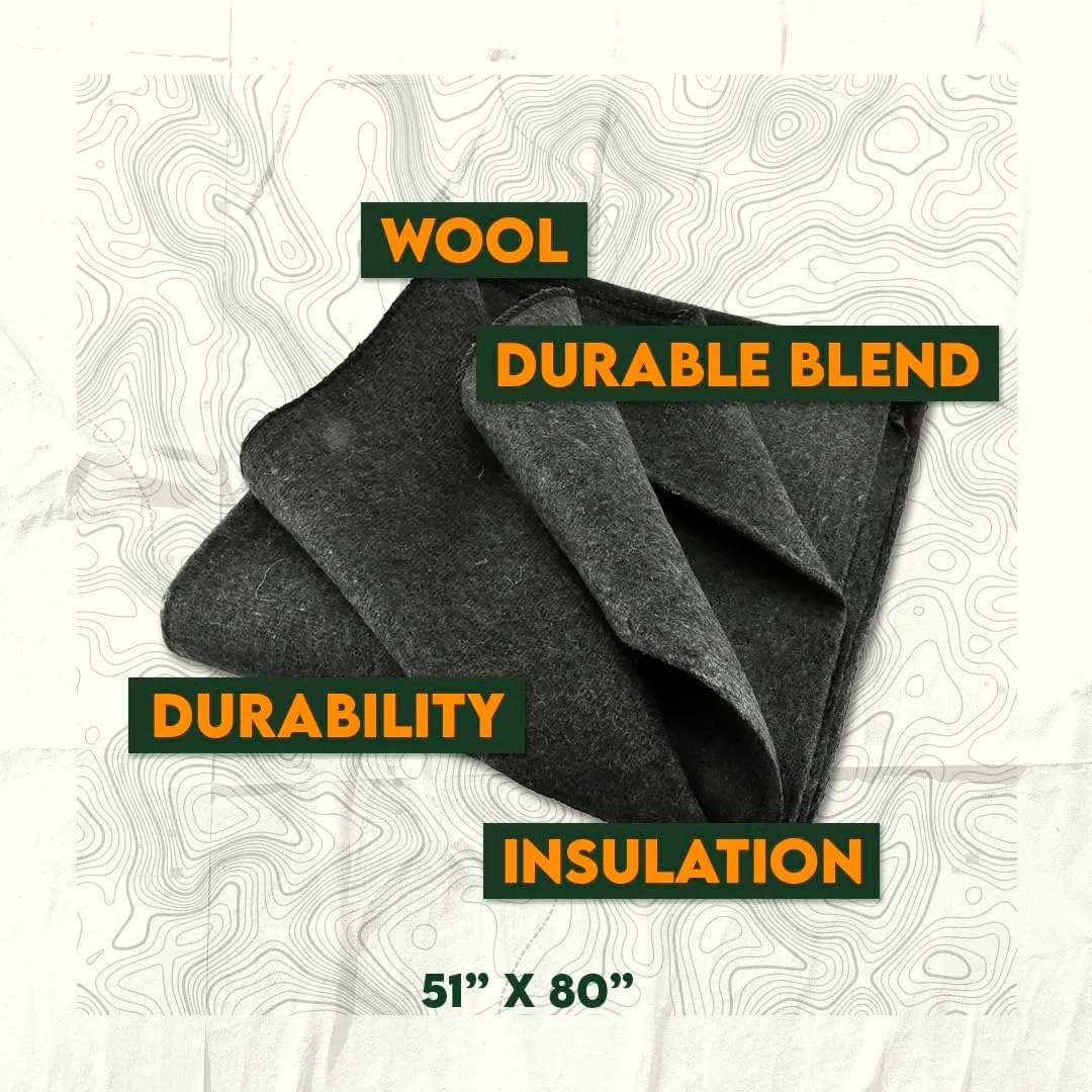 SE 51"x 80" Multipurpose Gray Wool Blanket - 50% Wool, Lightweight 2 lb, Zippered Bag Included - Ideal for Camping, Hiking, Emergency Survival