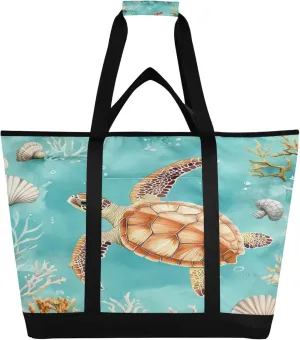 Sea Turtle Reusable Insulated Cooler Bag with Ice Pack Compartment - Large 47L Waterproof Thermal Grocery Tote for Picnic Beach Camping Lunch Storage