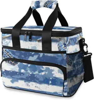 Seaturtle Map Blue White Striped Background Cooler Bag Insulated Cooler Soft Sided Cooler 24 Can Portable Picnic Bag Large Leakproof Lunch Bag Box for Beach Grocery Camping Travel Car Men Women