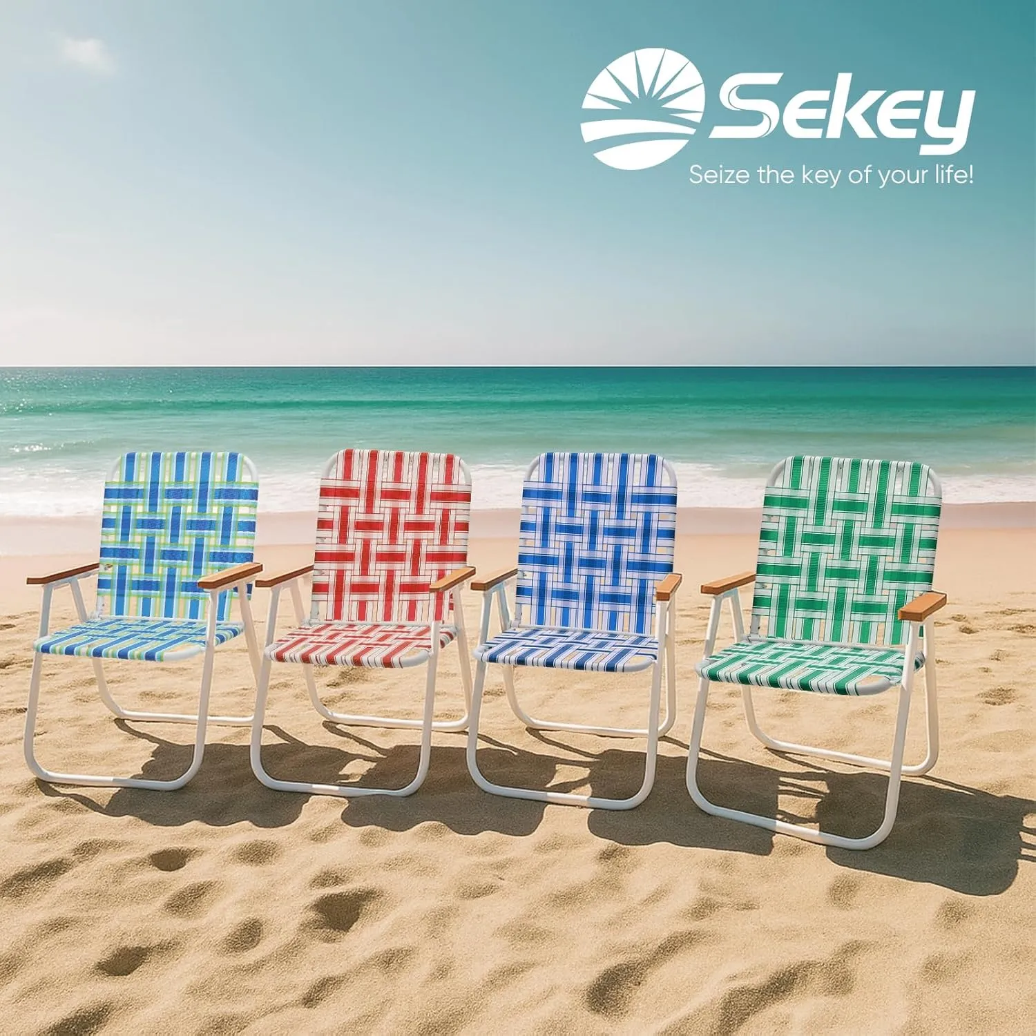 Sekey Folding Lawn Chairs, Beach Chairs for Adults with Backpack, Camping Chairs with Webbed Airflow Mesh, Patio Chairs with Rust-Proof Coating, Webbed Lawn Chair for Outdoor, Fishing, Backyard, Green