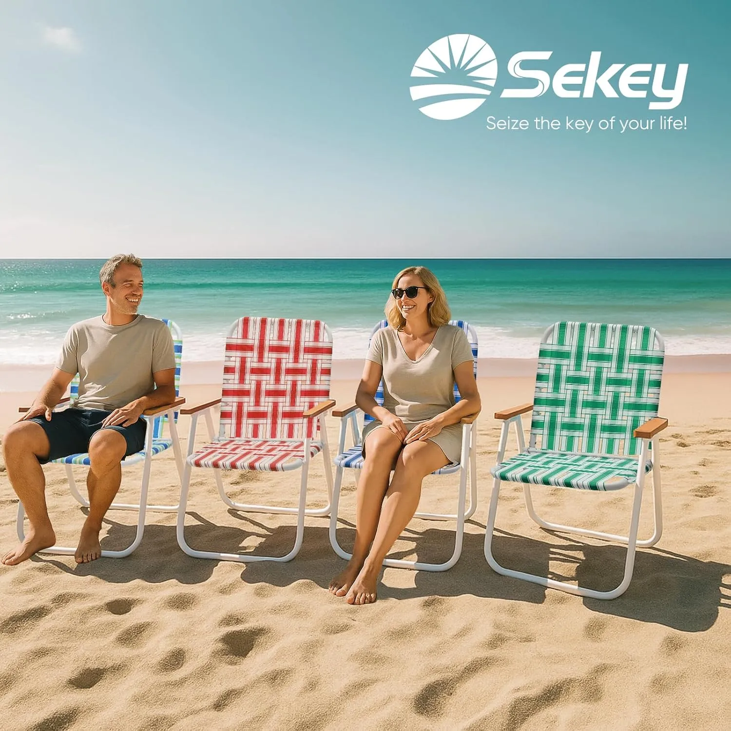 Sekey Folding Lawn Chairs, Beach Chairs for Adults with Backpack, Camping Chairs with Webbed Airflow Mesh, Patio Chairs with Rust-Proof Coating, Webbed Lawn Chair for Outdoor, Fishing, Backyard, Green