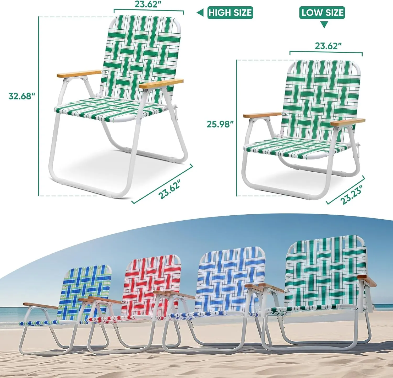 Sekey Folding Lawn Chairs, Beach Chairs for Adults with Backpack, Camping Chairs with Webbed Airflow Mesh, Patio Chairs with Rust-Proof Coating, Webbed Lawn Chair for Outdoor, Fishing, Backyard, Green