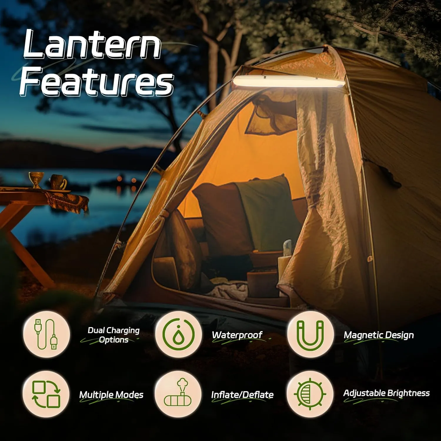 SELORSS Portable Inflatable Outdoor Camping Light, IP66 Waterproof Standard, Three Warm Light Modes and Strobe Signal Light for Camping, Hiking, Traveling, etc.(Khaki Two-Piece)