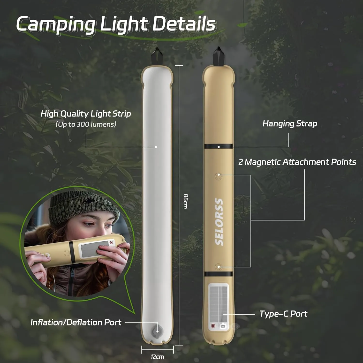 SELORSS Portable Inflatable Outdoor Camping Light, IP66 Waterproof Standard, Three Warm Light Modes and Strobe Signal Light for Camping, Hiking, Traveling, etc.(Khaki Two-Piece)