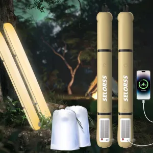 SELORSS Portable Inflatable Outdoor Camping Light, IP66 Waterproof Standard, Three Warm Light Modes and Strobe Signal Light for Camping, Hiking, Traveling, etc.(Khaki Two-Piece)