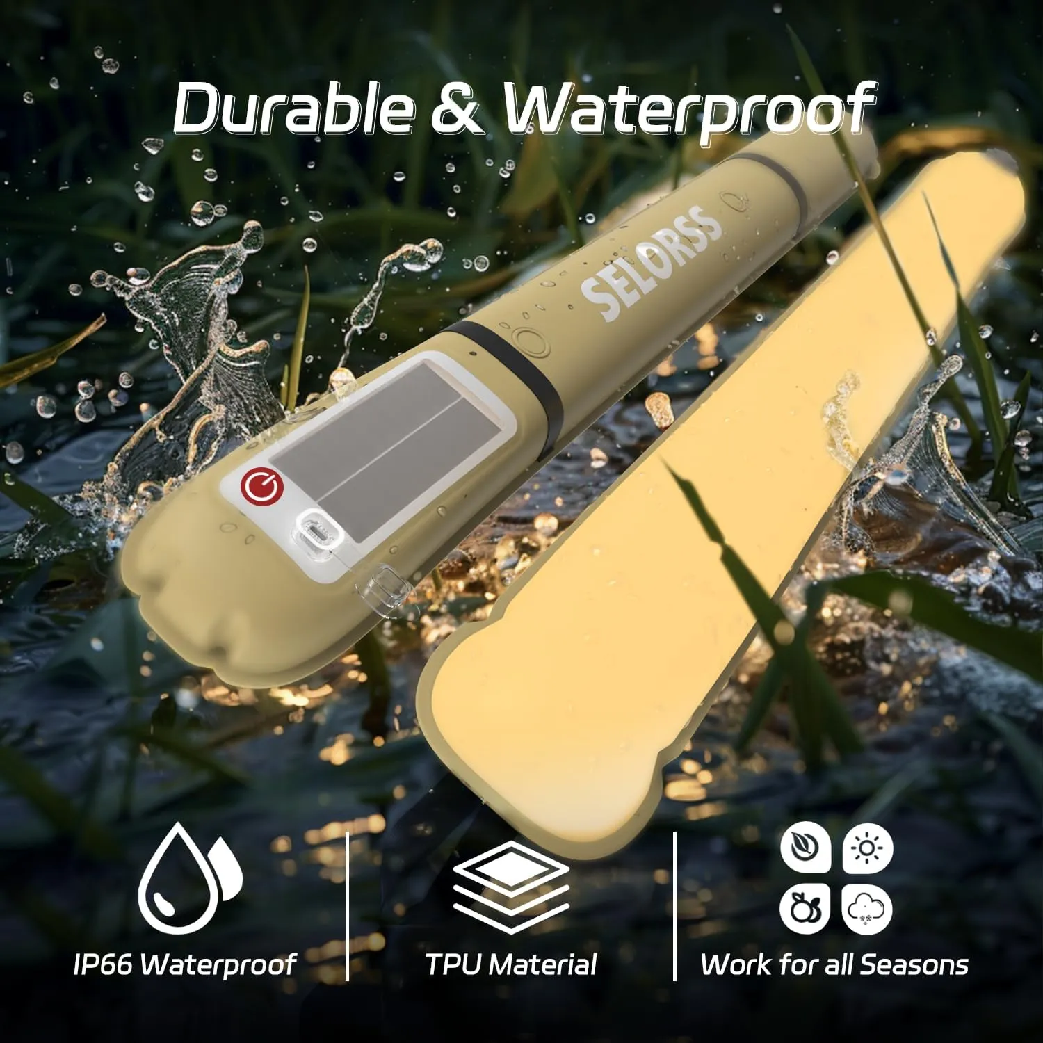 SELORSS Portable Inflatable Outdoor Camping Light, IP66 Waterproof Standard, Three Warm Light Modes and Strobe Signal Light for Camping, Hiking, Traveling, etc.(Khaki Two-Piece)