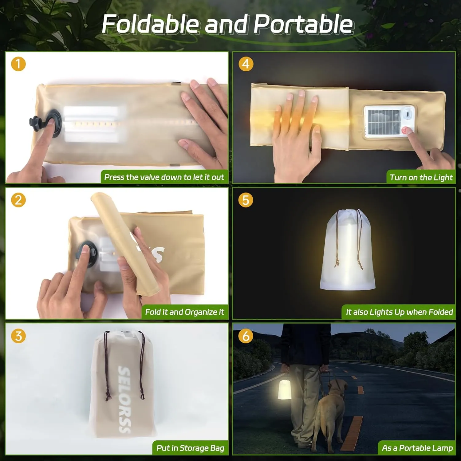 SELORSS Portable Inflatable Outdoor Camping Light, IP66 Waterproof Standard, Three Warm Light Modes and Strobe Signal Light for Camping, Hiking, Traveling, etc.(Khaki Two-Piece)