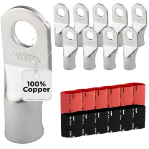 SELTERM 10pcs - 4/0 Awg - 5/16" Stud - Battery Lugs - Ring Terminal Connectors with 12pcs 3:1 Black & Red Heat Shrink Tubing with Adhesive | Heavy Duty Battery Cable Ends - Tinned Copper Wire Lugs Kit