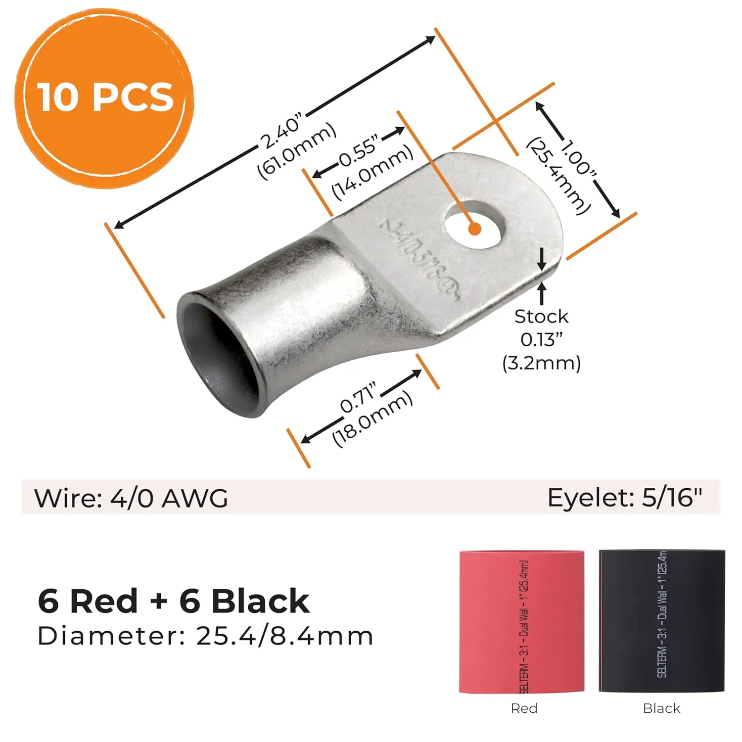 SELTERM 10pcs - 4/0 Awg - 5/16" Stud - Battery Lugs - Ring Terminal Connectors with 12pcs 3:1 Black & Red Heat Shrink Tubing with Adhesive | Heavy Duty Battery Cable Ends - Tinned Copper Wire Lugs Kit