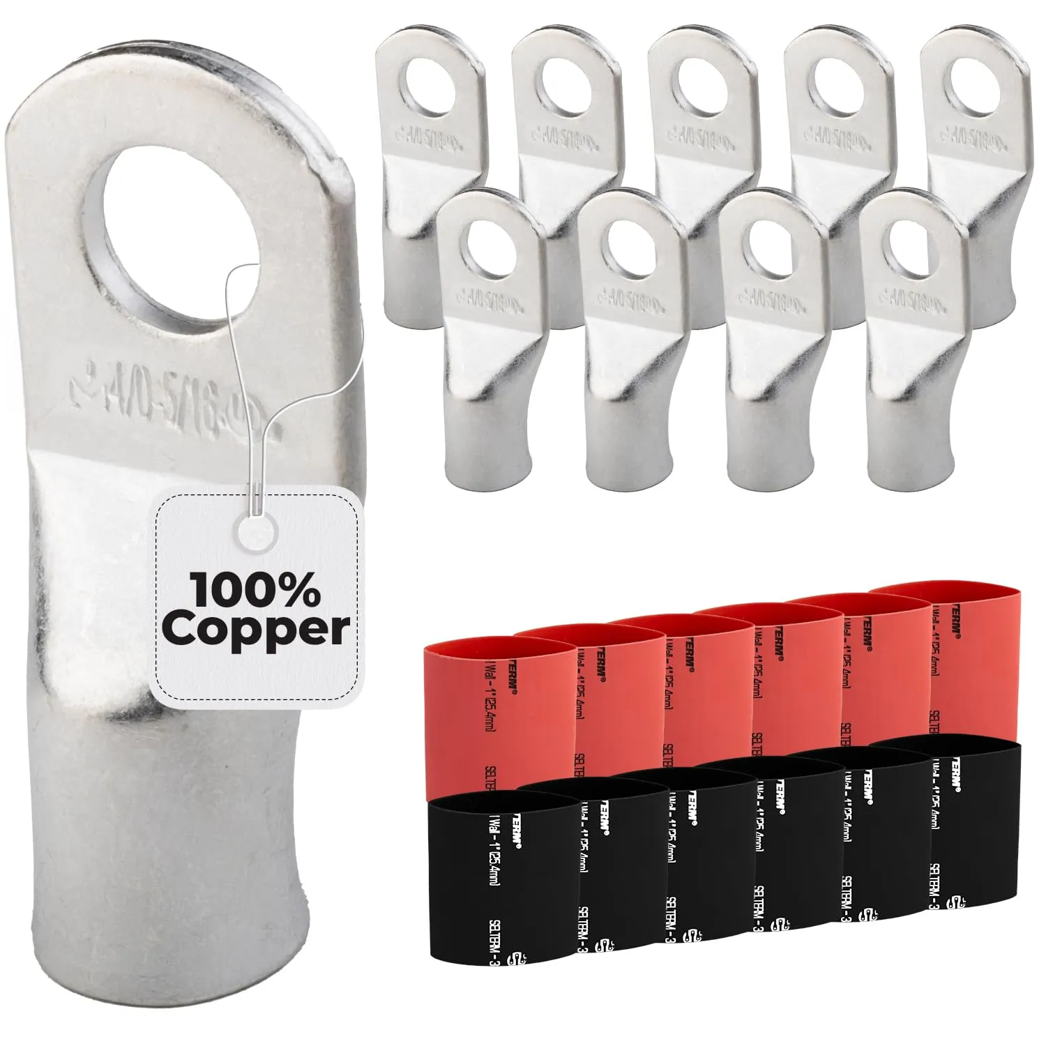 SELTERM 10pcs - 4/0 Awg - 5/16" Stud - Battery Lugs - Ring Terminal Connectors with 12pcs 3:1 Black & Red Heat Shrink Tubing with Adhesive | Heavy Duty Battery Cable Ends - Tinned Copper Wire Lugs Kit