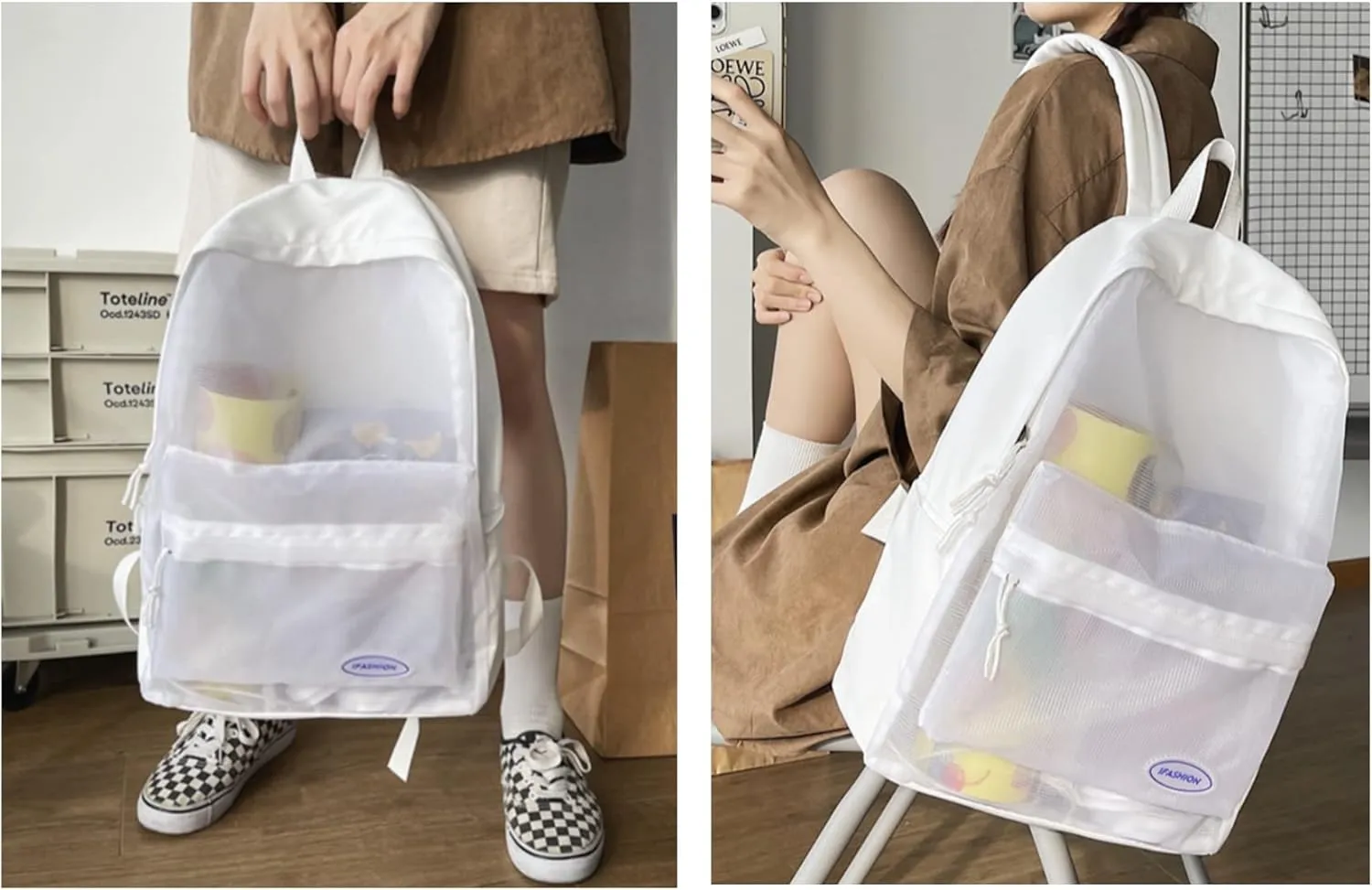 Semi-Mesh Backpack for School Student Stadium Approved Lightweight See Through Travel Casual Summer Large Bag (White)