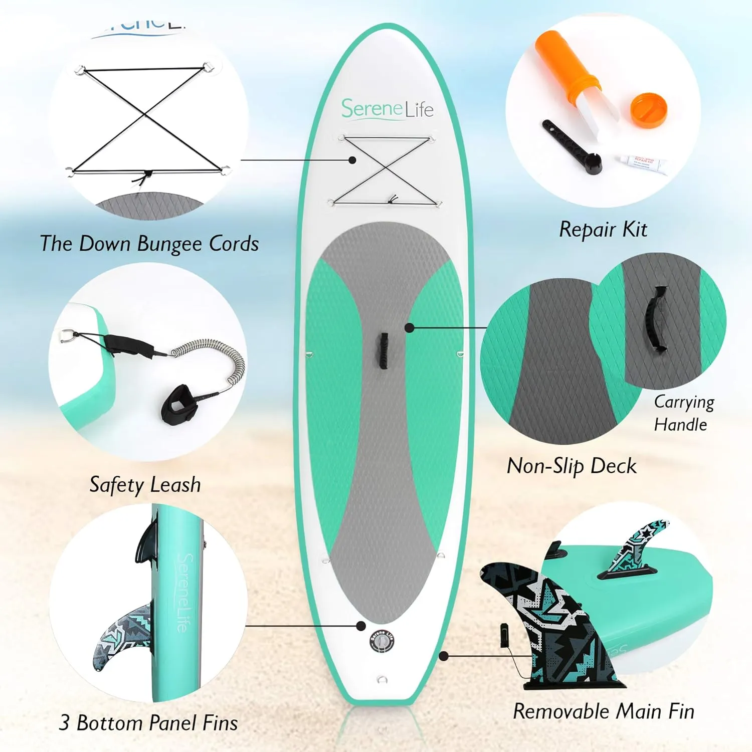 SereneLife Inflatable Stand Up Paddle Board with Premium SUP Accessories – Wide Stable Design with Non-Slip EVA Deck Pad for Adults and Youth of All Skill Levels, 350 lbs Capacity
