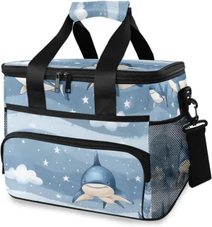 Sharks Blue Starry Blue Striped Cooler Bag Insulated Cooler Soft Sided Cooler 24 Can Portable Picnic Bag Large Leakproof Lunch Bag Box for Beach Grocery Camping Travel Car Men Women