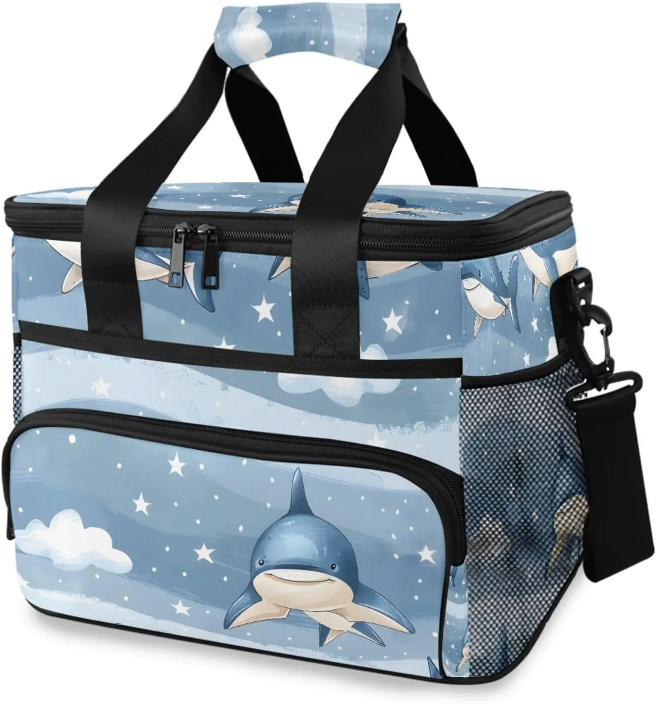 Sharks Blue Starry Blue Striped Cooler Bag Insulated Cooler Soft Sided Cooler 24 Can Portable Picnic Bag Large Leakproof Lunch Bag Box for Beach Grocery Camping Travel Car Men Women