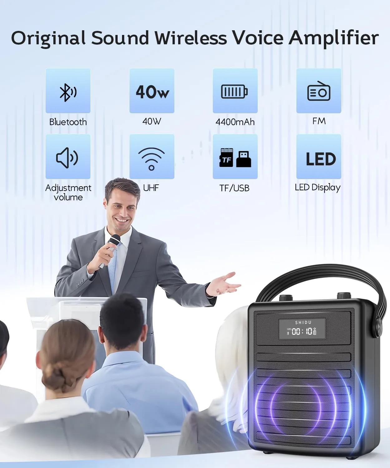 SHIDU Voice Amplifier with Wireless UHF Microphone, Professional Portable Bluetooth Speaker with Headset and Handheld Mic, Personal Power Amplifier for Teacher, Meeting, Speech, Outdoor Events