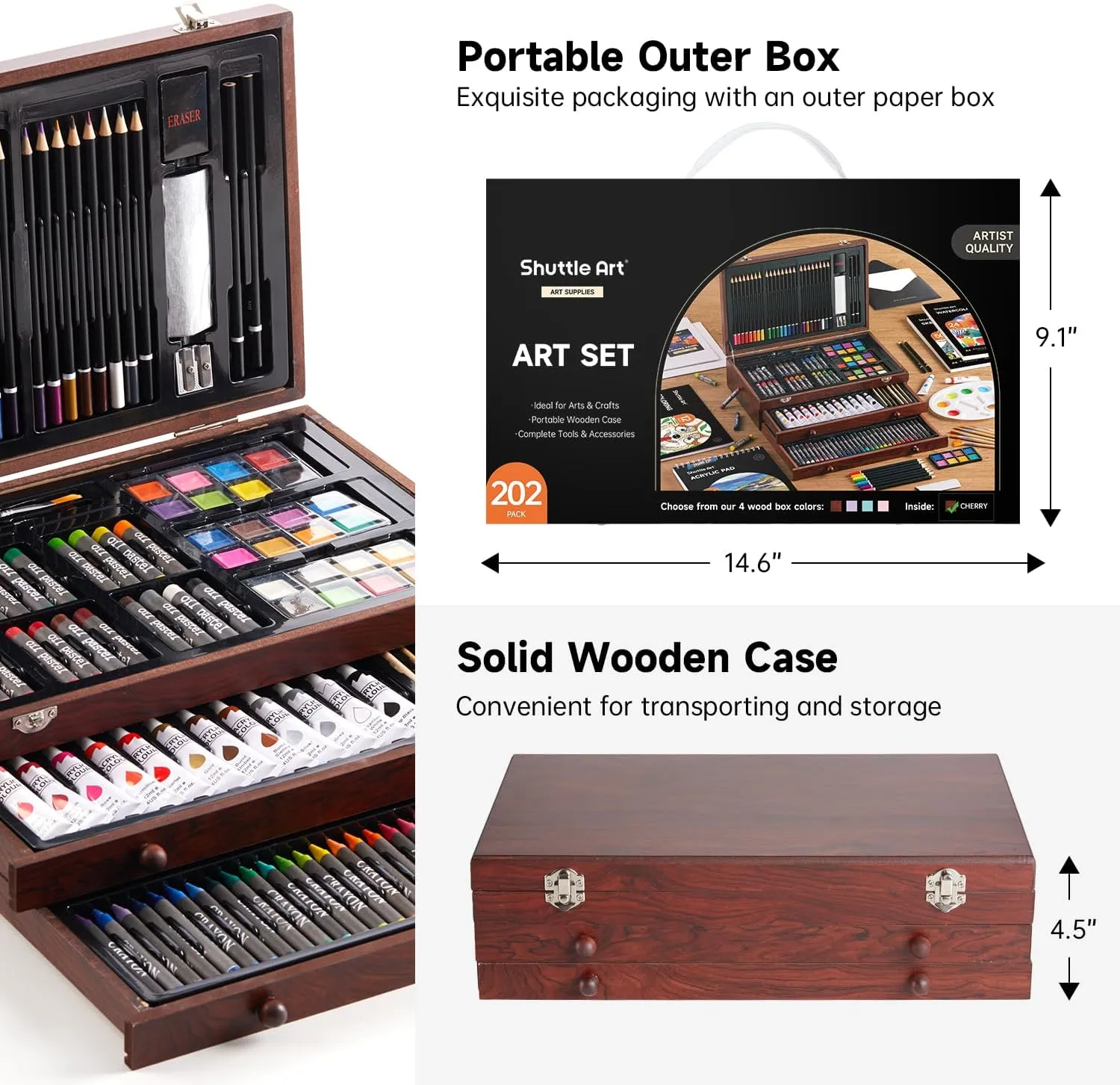 Shuttle Art Deluxe Gift Art Kit, 202-Piece Wooden Art Supplies Set with 4 Drawing Pads, Canvases, Coloring Sheets, Acrylic Paint, Crayons, Oil Pastels, Colored Pencils for Kids