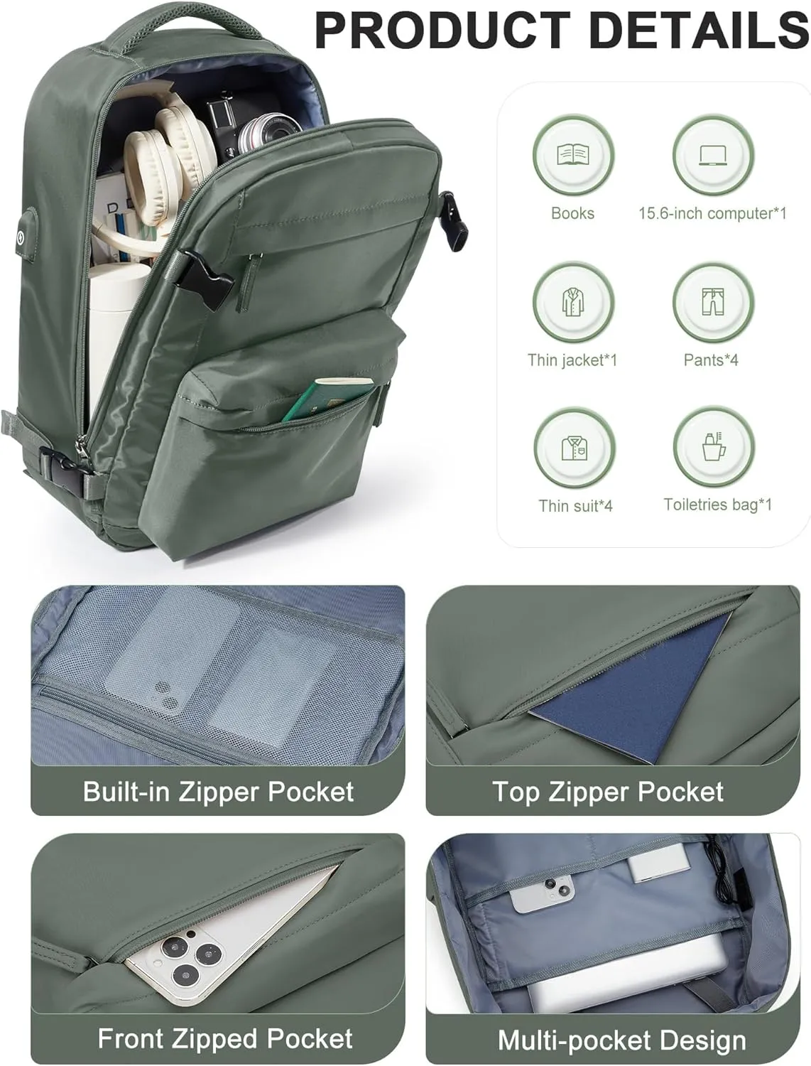Simple Travel Backpack For Women Men,Carry on Backpack for Traveling on Airplane,Mochila de Viaje,Frontier Airlines Personal Item Travel Bag,Waterproof Luggage Backpack with USB Charging Port(Green)