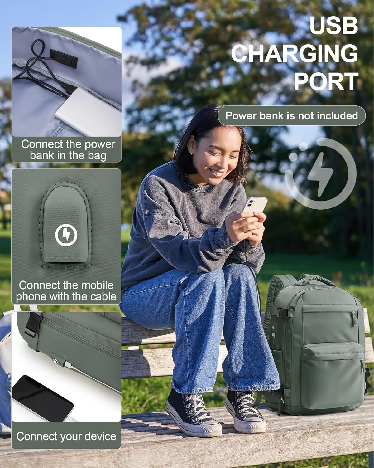 Simple Travel Backpack For Women Men,Carry on Backpack for Traveling on Airplane,Mochila de Viaje,Frontier Airlines Personal Item Travel Bag,Waterproof Luggage Backpack with USB Charging Port(Green)