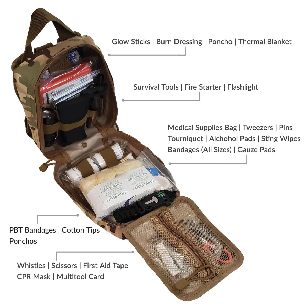 Sirius Premium 250 Piece Survival Kit & First Aid Kit - Outdoor Emergency Gear & Trauma Bag for Camping Hiking Hunting Car Cabin and Other Adventures - Olive Drab