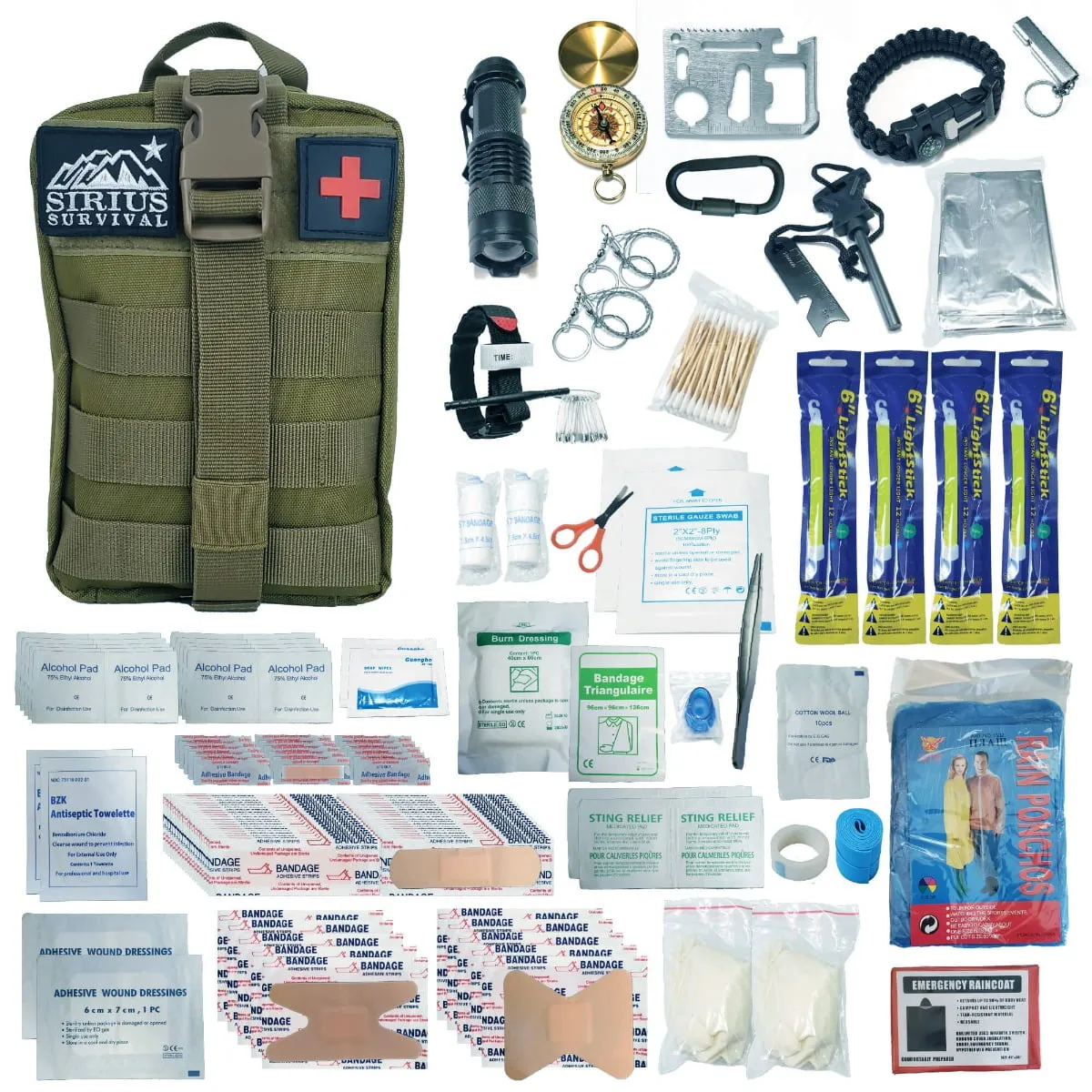 Sirius Premium 250 Piece Survival Kit & First Aid Kit - Outdoor Emergency Gear & Trauma Bag for Camping Hiking Hunting Car Cabin and Other Adventures - Olive Drab