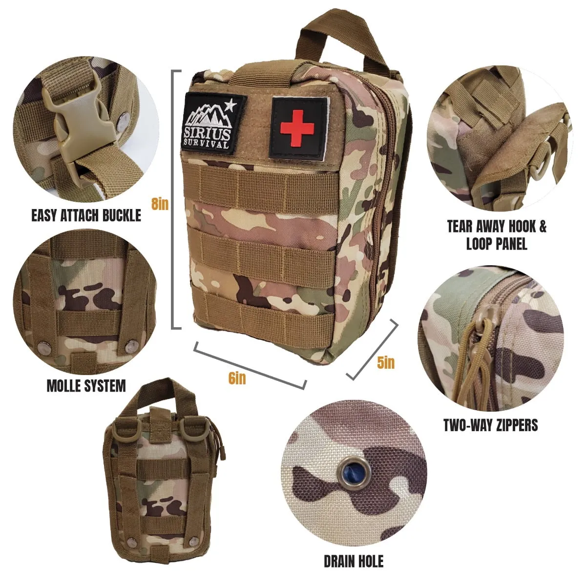 Sirius Premium 250 Piece Survival Kit & First Aid Kit - Outdoor Emergency Gear & Trauma Bag for Camping Hiking Hunting Car Cabin and Other Adventures - Olive Drab