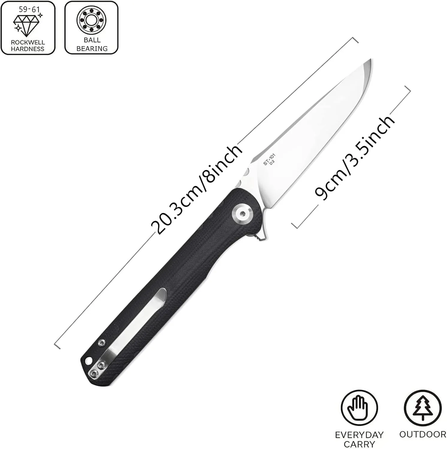 Sitivien ST101 Folding Knife, D2 Steel Blade G10 Handle Tool Knife, EDC Pocket Knife for Outdoor, Camping, Hunting, Survival (Black)