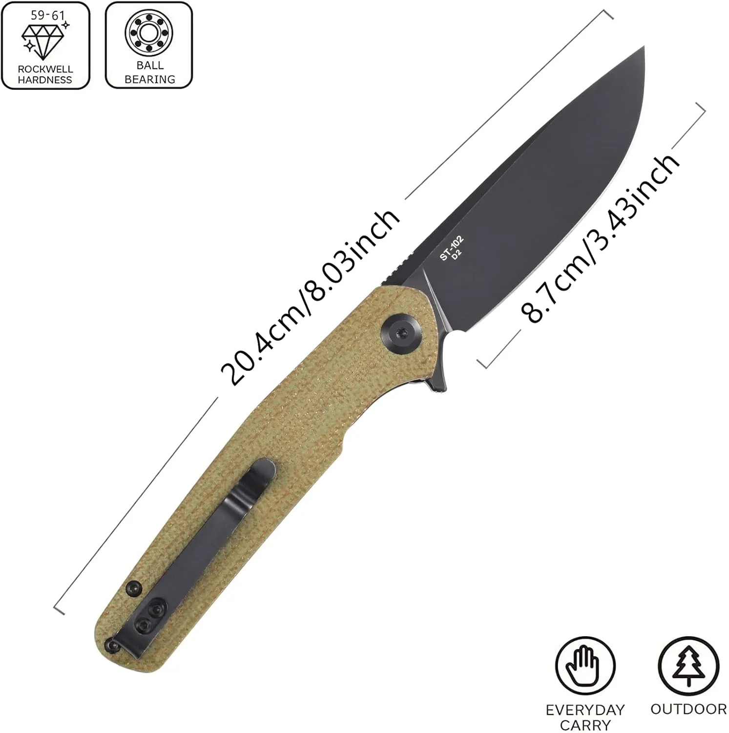 Sitivien ST102 Folding Knife, D2 Steel Blade Micarta Handle EDC Tool Knife for Outdoor, Camping, Hunting, Survival (Green) …