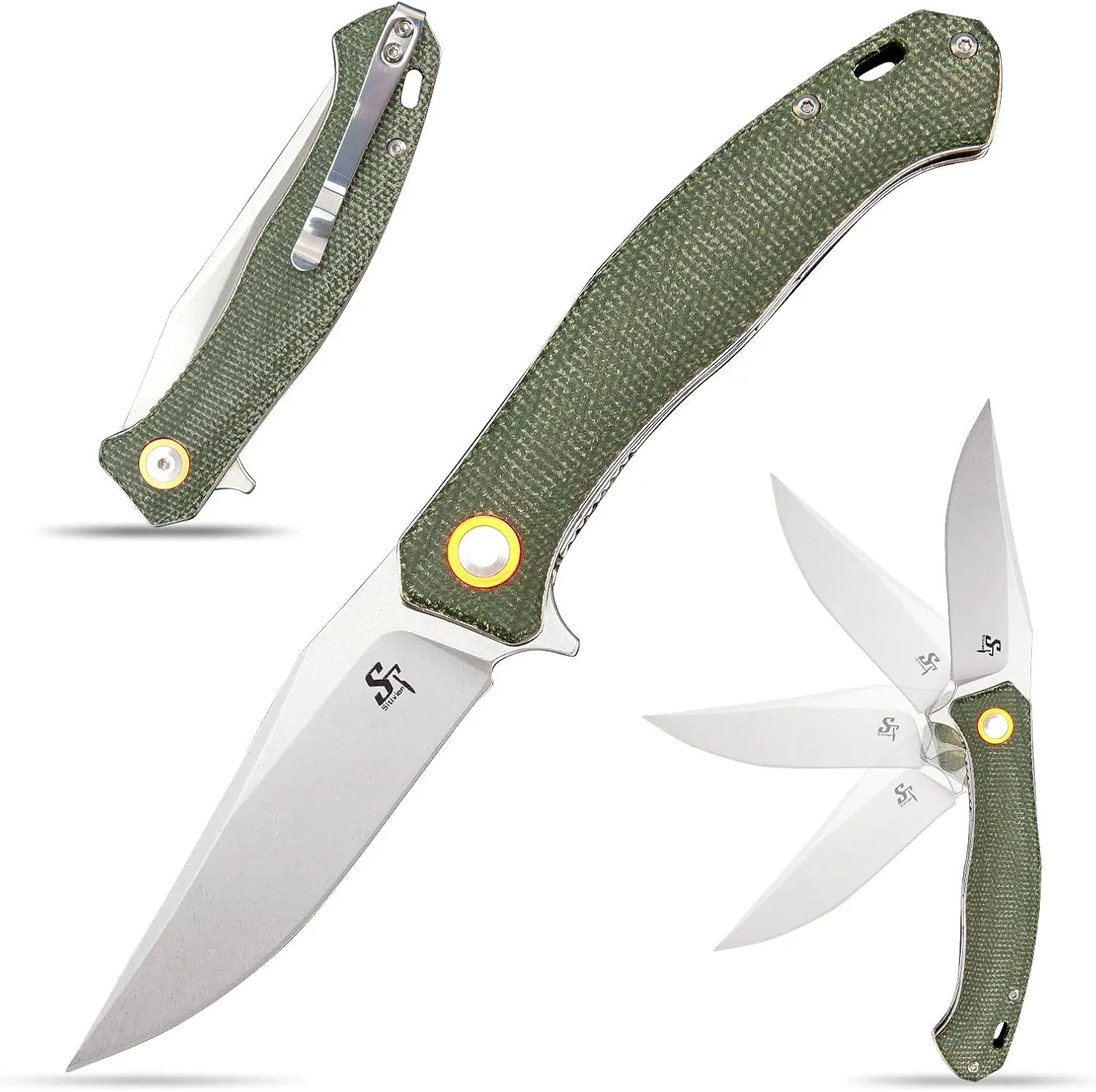 Sitivien ST112 Folding Knife, D2 Blade and Micarta Handle EDC Tool Knife with Pocket Clip for Outdoor Camping Hiking Survival(Army green)