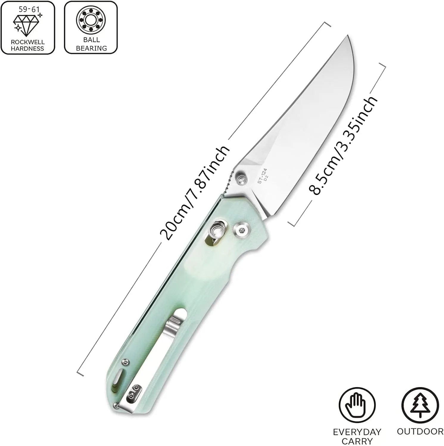 Sitivien ST124 Folding Knife, D2 Steel G10 Handle,Ball Bearing Pivot, Axis lock with Pocket Clip for Camping,Outdoor EDC Knife Tool-Jade