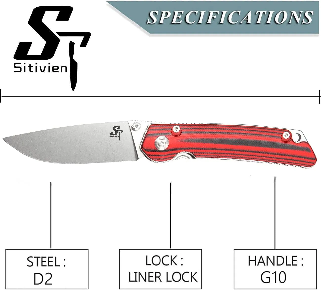 Sitivien ST128 Folding Knife,D2 Blade G10 Handle Safety Liner Lock EDC Tool Knife for Outdoor Hiking Camping-Red