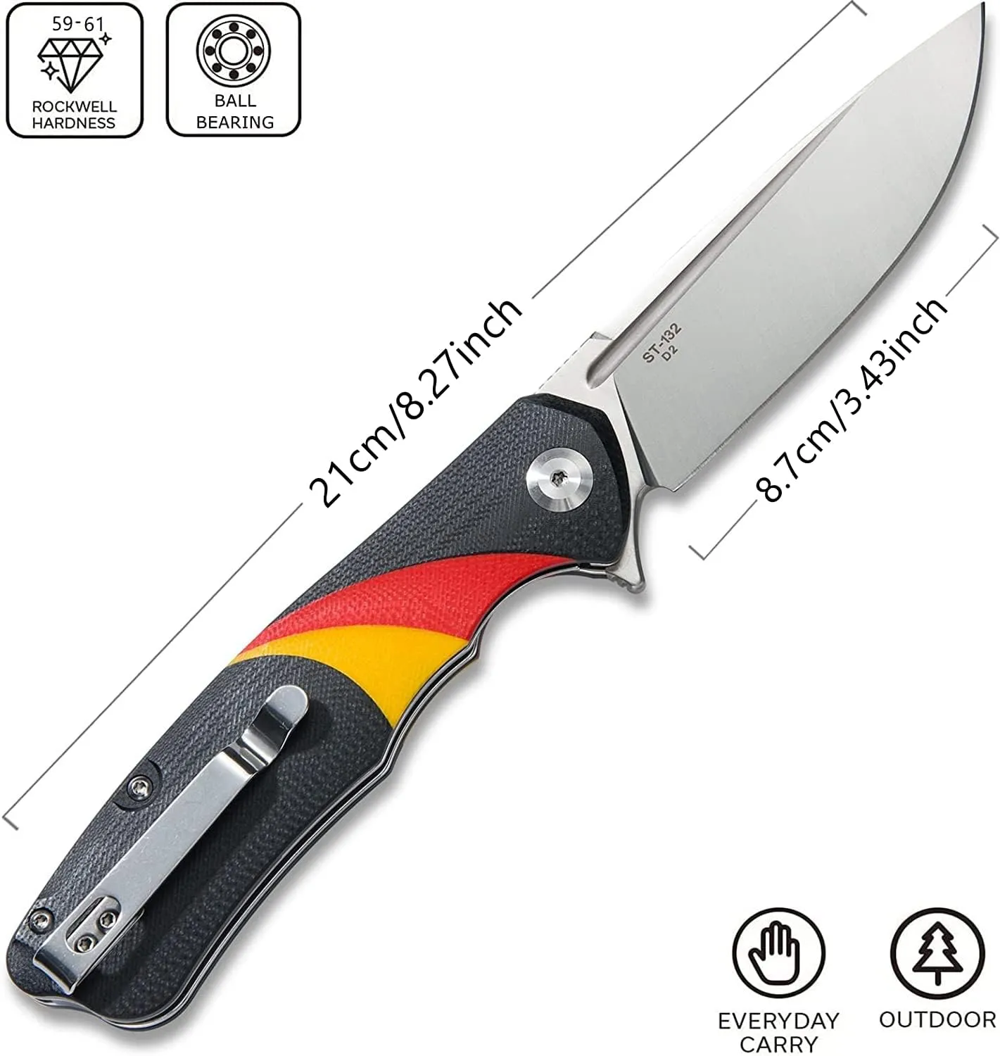Sitivien ST132 Folding Knife,D2 Steel,G10 Handle EDC Knife with Liner Lock for Outdoor Hiking Camping(Black)